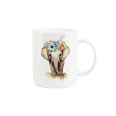 Image of Purely Home Elephant Mug Flower Crown Animal Gift/Present Tea Coffee White Bone China