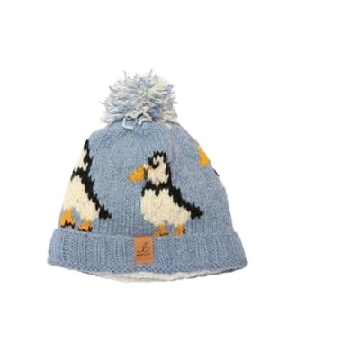 Image of Puffin Wool Knit Bobble Hat Blue/Pink