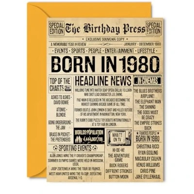 Image of 45th Birthday Card for Men Women Bday Press Newspaper 1980 Happy 45 Cards Brother Sister Dad Uncle Friend Niece, 5x7 Inch Greeting