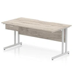 Image of Impulse 1600 x 800mm Scalloped Edge Office Desk Grey Oak Top Silver Cantilever Leg Workstation 1 Drawer Fixed Pedestal