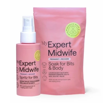 Image of My Expert Midwife Birth Postnatal Recovery Essentials with Multi Award Winning Perineal Spray Spritz for Bits and Soak Bath Salts, Soothe Perineum &amp; Calm Aching Muscles (Pack of 2)