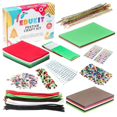 Image of edukit Christmas Crafts for Kids 1,150 Pieces, Including Pipe Cleaners, Pompoms, Foam and Card Sheets, Self Adhesive Googly Eyes and More  with 3 Festive Project Ideas to Try
