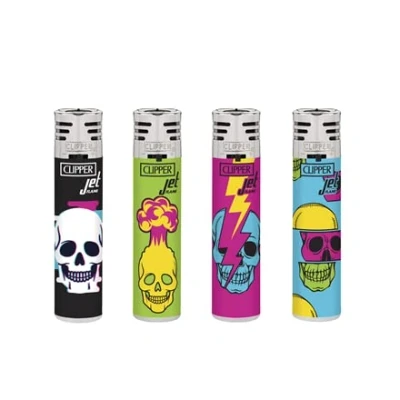 Image of 4 X Clipper Lighters Set, Assorted Designs, Gas LIGHTER Refillable You get all NEW, GIFT SET ( JET FLAME WINDPROOF BROKEN SKULLS )