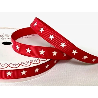 Image of Bertie&#039;s Bows Ivory Star Print 9mm Red Grosgrain Ribbon on 3m Roll