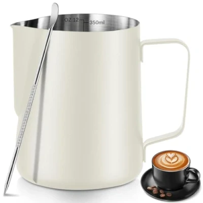 Image of Frothing Milk Pitcher, 12 oz/350 ml Stainless Steel Jug with Latte Art Pen,with Internal Measurements, for Cappuccino, Espresso and More（White）