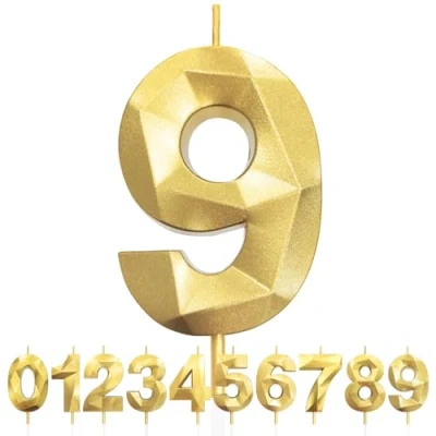 Image of 9th Birthday Candles, Number 9 Candle, Gold Candles for Cake, Diamond 3D Happy Cake Candle Decorations Party Wedding Anniversary Celebration Supplies