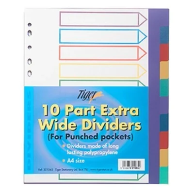 Image of 5x Tiger A4 10 part extra wide dividers for punched pockets x 1 set/pack