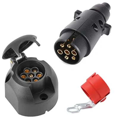 Image of SPARKMOTO 7 Pin Trailer plug and 7pin socket,12V Towing socket With Red Holder Bracket,Trailer Wiring Connector for Caravan RV Car Vans (Rubber Cap)