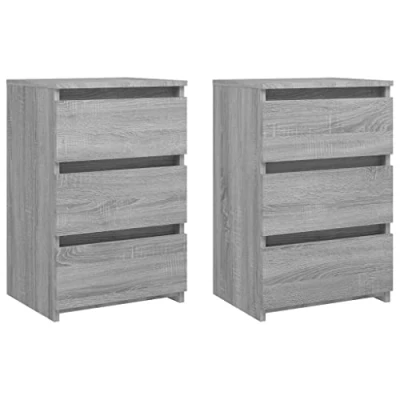 Image of vidaXL Bed Cabinets in Grey Sonoma Versatile Use as Bedside Tables or Side Cabinets, Ample Storage Space with three Drawers, Made from Resistant Engineered Wood, Assembly Required.