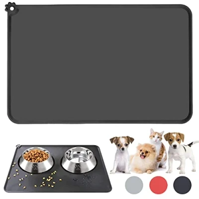 Image of jiuhao Dog Cat Food Mat Bowl Feeding Waterproof Non Slip Prevent Spills Mat,Silicone Pet Wipe Clean,Puppy Rubber Tray Drip for Floors (19inx12in)