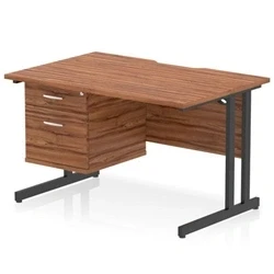 Image of Impulse 1200 x 800mm Scalloped Edge Straight Office Desk Walnut Top Black Cantilever Leg Workstation 1 2 Drawer Fixed Pedestal
