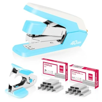 Image of DELI Effortless Desktop Stapler, Heavy Duty 40 50 Sheet Capacity, One Finger, No Effort, Includes Staples &amp; Staple Remover, Sky Blue
