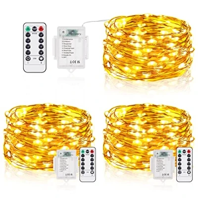 Image of LED String Lights Battery Operated, 5M 50 LEDs Copper Wire Fairy with Remote Control, 8 Modes Waterproof Dimmable for Bedroom, Party, Tree Decoration (3 Packs, Warm White)
