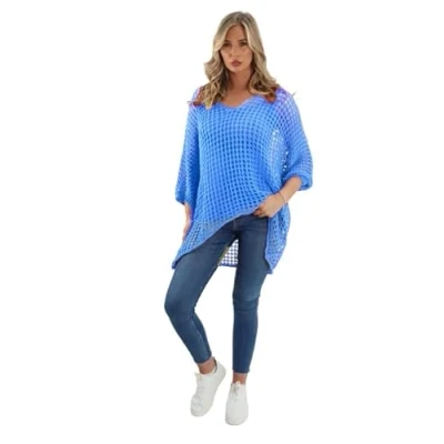 Image of Ladies Italian Lagenlook Knitted Crochet Lace Mesh Quirky Loose High Low Layering Vest Tops Twin Set Womens T Shirt Blouse UK Plus Size 8 22 (L/XL (UK 16 18), Denim)