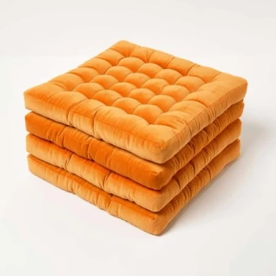Image of HOMESCAPES Set of 4 Burnt Orange Velvet Seat Pads for Dining Chair 40 x cm Super Soft 100% Cotton Quilted with Straps Indoor &amp; Outdoor Garden Use Lasting Comfort Support
