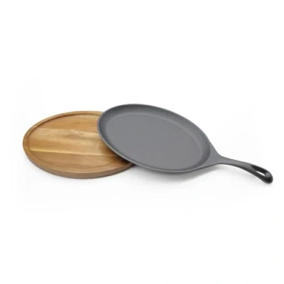 Image of Silk Route Spice Company Cast Iron Fajita Grill Frying Pan &amp; Acacia Wood Serving Board/Tray