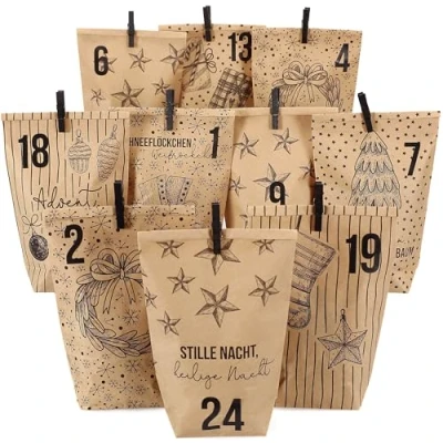 Image of Papierdrachen Advent Calendar, Printed Bags Wrapping Paper, Classic Christmas Motifs with Black Clips, Set of 12