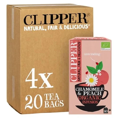 Image of Clipper Organic Chamomile and Peach Infusions Fruit Teabags, 80 Tea Bags (4x Boxes of 20), Caffeine Free Herbal Tea, Natural, Unbleached, Plastic