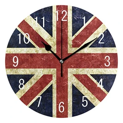 Image of Domoko Home Decor Vintage Union Jack British Flag Round Acrylic Wall Clock Non Ticking Silent Art for Living Room Kitchen Bedroom
