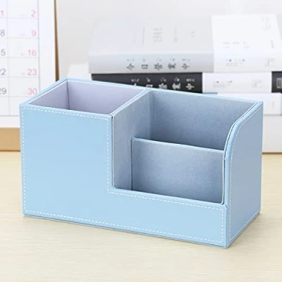 Image of PU Leather Desk Organiser Tidy Pencil Pen Holder Multifunctional Desktop Stationery Storage Pots Office Supplies Accessories Blue