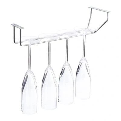Image of Relaxdays Wine Glass Holder For 4 Glasses, Stainless Steel Look, Stem Goblet Rack, Bar, Kitchen, Rail, 33.5 cm, Silver