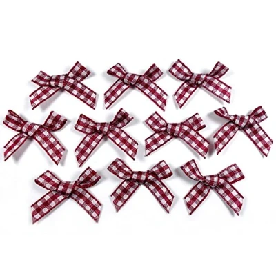 Image of Gingham Check Ribbon Bows 3cm Wide Pack of 10 (Burgundy)