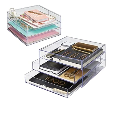 Image of Deflecto Stackable Desktop Storage Organiser Bundle Set 1 x Standard 3 Drawer Plastic Box and Oversized 2 Tray for Stationery &amp; Craft Supplies