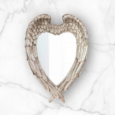 Image of HomeZone Vintage Retro Shabby Chic Style Small Heart Shaped Angel Wing Wall Mirrors Wings Feathered Rounded Decor Mountable Home (Small Wings)