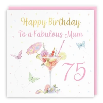 Image of Hunts England 75th Mum Pink Cocktail And Butterflies Birthday Card Luxury Gold Foil Milo&#039;s Gallery Age 75 Drinks, Flowers, Hearts Elegant For Seventy Five