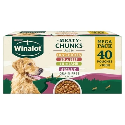 Image of Winalot Meaty Chunks Mixed in Jelly (Beef, Chicken, Lamb) Wet Dog Food Pouches, 40 x 100g Grain Free Adult