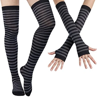 Image of DRESHOW Womens Socks Striped Knee High Arm Warmer Fingerless Gloves Set