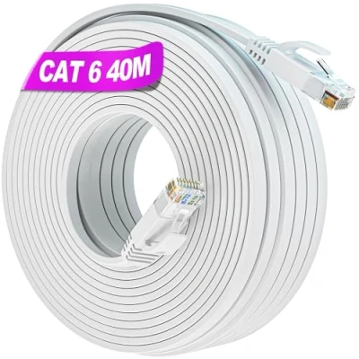 Image of Ethernet Cable 40m, High Speed Cat 6 Internet Flat Network Extra Long Wifi White RJ45 UTP LAN Cable, Slim Wlan Gigabit 10/100/1000Mbit/s 250MHz Patch Cord for Modem