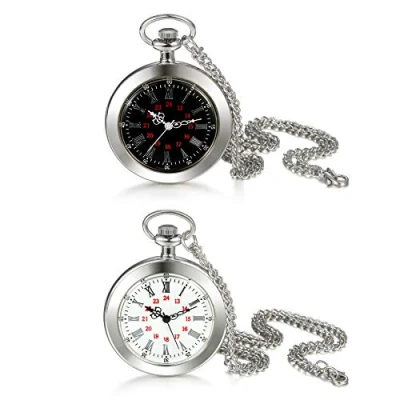 Image of JewelryWe 2PCS Simple Pocket Watch Necklace Classic Roman Numerals Dial Pendant with Chain for Men Women,Black Silver