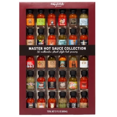 Image of Thoughtfully Gourmet, Master Hot Sauce Collection Gift Set, Flavours Include Garlic Herb, Cayenne Bacon, Apple Whiskey, Mango Habanero and More, Pack of 30