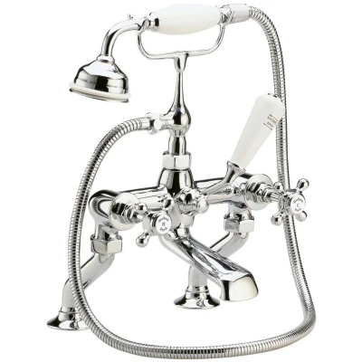 Image of Hudson Reed BC304HX Topaz Traditional Bathroom Kit, Crosshead Handles and Hexagonal Collars, 320mm x 350mm, Chrome/White, Deck Mounted Bath Shower Mixer Tap, Set of 5 Pieces