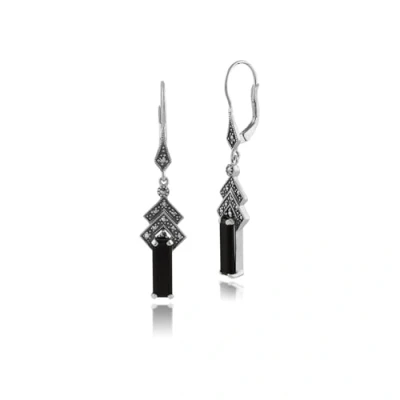 Image of Art Deco Style Rectangle Black Onyx &amp; Marcasite Drop Earrings in Silver