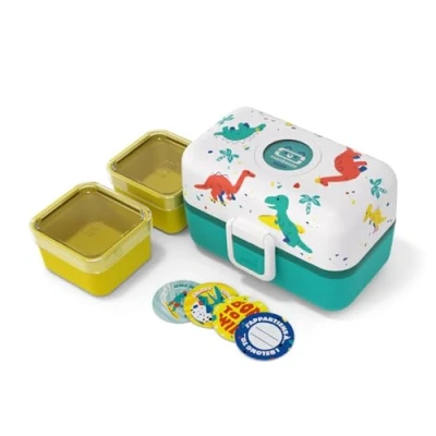 Image of monbento Kids Bento Lunch Box MB Tresor Blue Dino 3 Compartment for Ideal Travels, Picnics, Activities Customizable Dinosaur BPA Free &amp; Sturdy