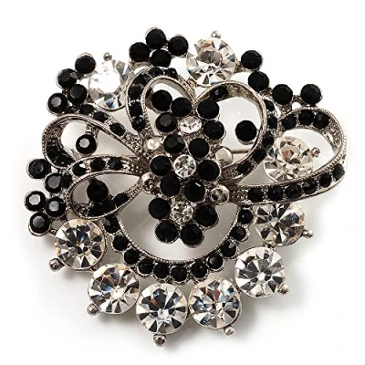 Image of Avalaya Black &amp; White Diamante Corsage Brooch (Silver Tone)