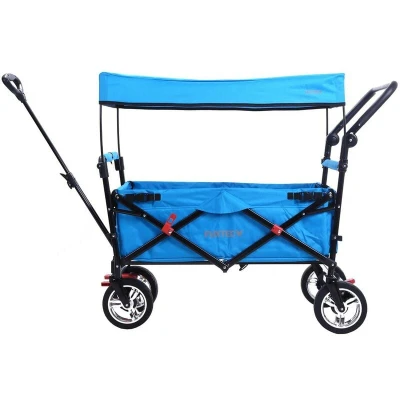 Image of FUXTEC Folding Wagon for Kids to Sit In Hand Cart, Garden Trolley, Stroller, Outdoor Transport, Fishing, Hiking, Removable Canopy, Push Handle/Pull Rod, Dual Brake System CT700 Blue