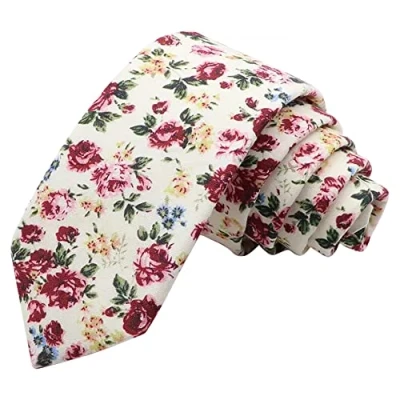Image of DB Dickie Bow Men&#039;s Luxury Cotton Skinny Neck Tie (Cream &amp; Pink Floral) suitable for formalwear, office, weddings, parties, grooms groomsmen outfits