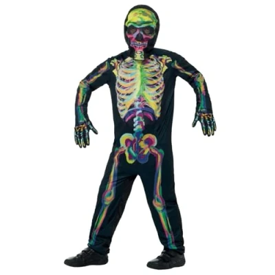 Image of Smiffys Glow in the Dark Skeleton Costume, Multi Coloured with Bodysuit, Mask &amp; Gloves, Halloween Child Fancy Dress, Dress Up Costumes