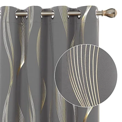 Image of Deconovo Blackout Eyelet Curtains Thermal Insulated Gold Wave Line Foil Printed for Bedroom 52x54 Inch Light Grey 2 Panels