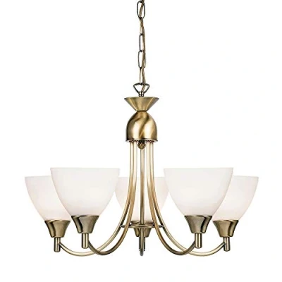 Image of Andy Decorative 5 Way Antique Brass Branch Arm Pendant Ceiling Light with Matt Opal Glass Shades