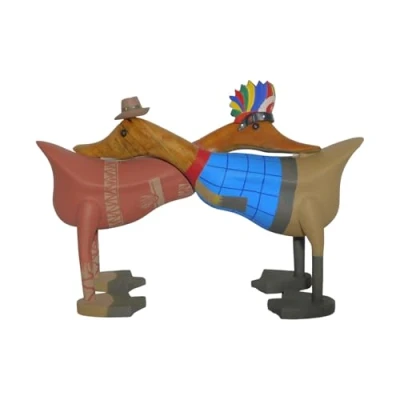 Image of Brave Wings Hand Carved Wooden Bamboo Duck Cowboy and Native American 30cm Long Ornament Sculpture Figurine Statue Unique Table Decoration Home Decor 5195