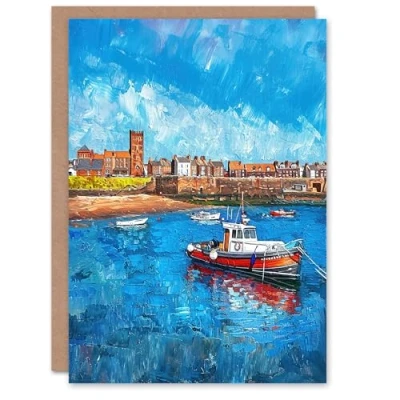 Image of Artery8 Greeting Card North England Coastal Town Fishing Boats Painting Blank For Him Or Her Art Birthday