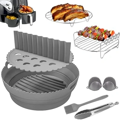 Image of 9 Pcs Air Fryer Accessories, Round Silicone Liner, Ninja 15 in 1 Multicooker, Tower Salter AF100UK, AF160UK, Collapsible Liners Racks (Grey)