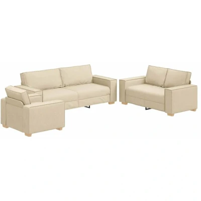 Image of vidaXL Modern 3 Piece Cream Sofa Set Chair, 2 Seater, Seater Indoor Furniture for Living Rooms, Offices Durable Steel/Plywood Frame, Polyester Fabric Easy Assembly