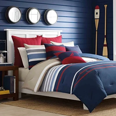 Image of Nautica Cotton Reversible Bedding with Button Closure, Stylish Home Decor, Bradford Navy/Khaki, Twin