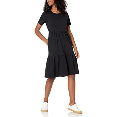 Image of Amazon Essentials Women&#039;s Short Sleeve Crewneck Tiered Dress, Black, XL