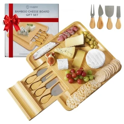 Image of CUQOO Cheese Board Set with Drawer 4 Knife Wood Serving Tray Charcuterie Boards Utensils Gift for Birthday Presents, Wedding Gifts,Housewarming Gifts Women
